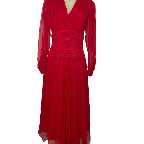 Vintage Red Long-Sleeve Chiffon Dress With Pleated Wrap Bodice Sz 10
