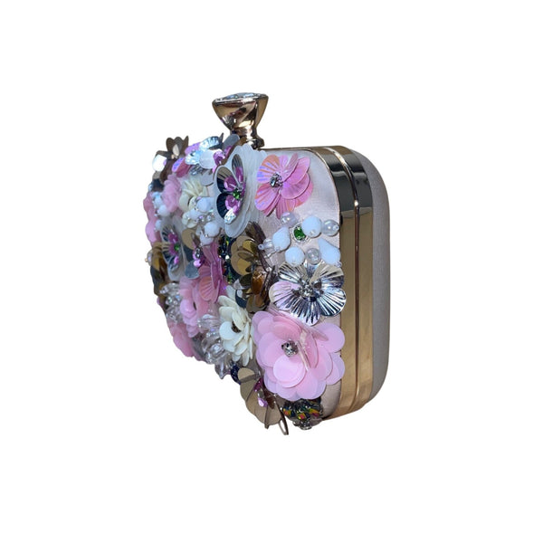 Women’s Pink Floral Embellishment With Chain Strap & Handle Clutch Purse