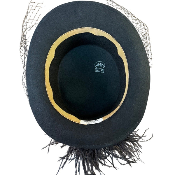 Arlin Georgi Womens Black Wool Feather Veil Hat Elegant Vintage Formal