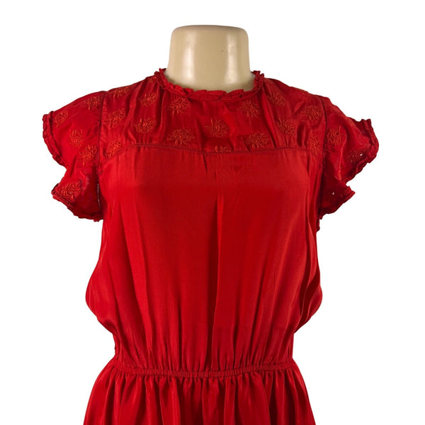 The Great Women’s Red Silk Embroidered Midi Dress Feminine Short Sleeves Size 0