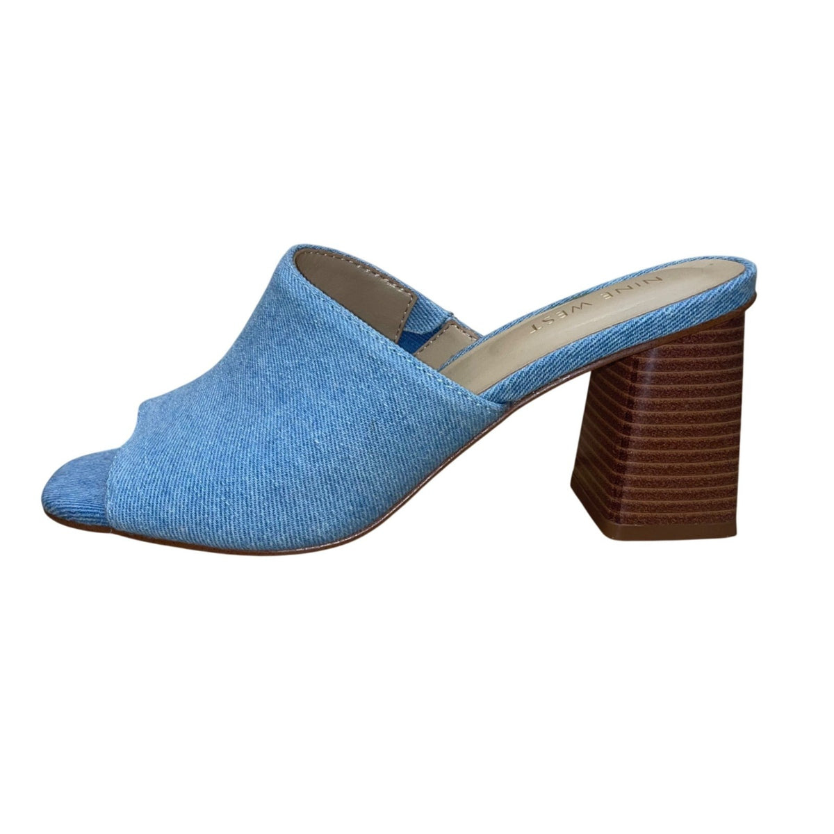Nine West Women’s Blue Denim Open-Toe Wylow 7 Block Heel Mules Size 7M