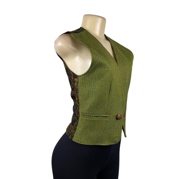 Womens Green Wool Paisley-Back Vest 100% Wool & Acetate Made In Italy Size 36