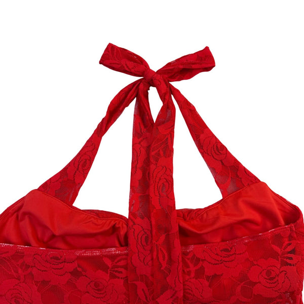 Reoria Womens Red Lace Halter Top Sheer Floral Tie-Neck Camisole Size M
