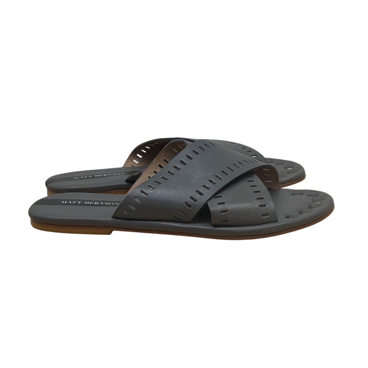 Matt Bernson Womens Gray Leather With Perforated Detailing Slide Sandals Size 8