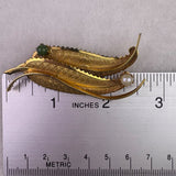 Vintage Gold Tone Womens Leaf Brooch W/ Pearl & Green Stone Filigree Design