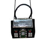 Confetti Women’s Black Velvet & Sequin Holiday House Handbag With Handle & Strap