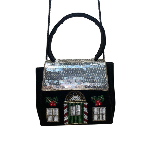 Confetti Women’s Black Velvet & Sequin Holiday House Handbag With Handle & Strap