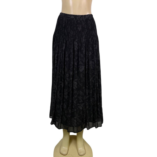 Coldwater Creek Womens Black Floral Pleated Long Skirt Lightweight Size M