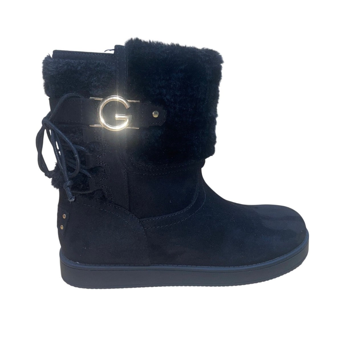 GBG Women’s Black Faux Suede Fur-Lined Gold Logo Accent Short Boots Size 7M
