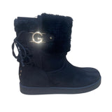 GBG Women’s Black Faux Suede Fur-Lined Gold Logo Accent Short Boots Size 7M