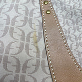 Fossil Women’s Beige Logo Pattern & Brown Leather Trim Adjustable Strap Hobo Bag