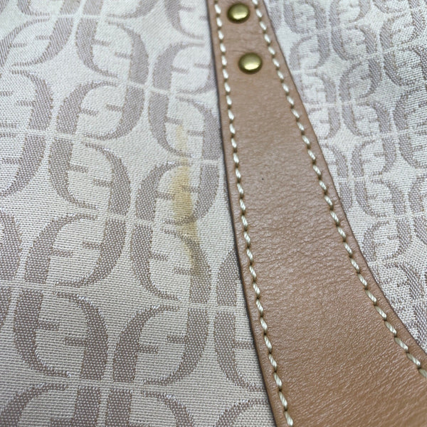 Fossil Women’s Beige Logo Pattern & Brown Leather Trim Adjustable Strap Hobo Bag