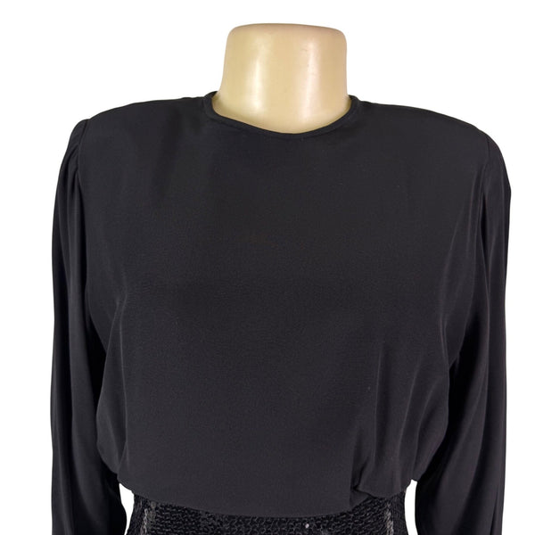 Vintage Mignon Womens Black Sequin Cinched Waist Long Sleeve Dress M