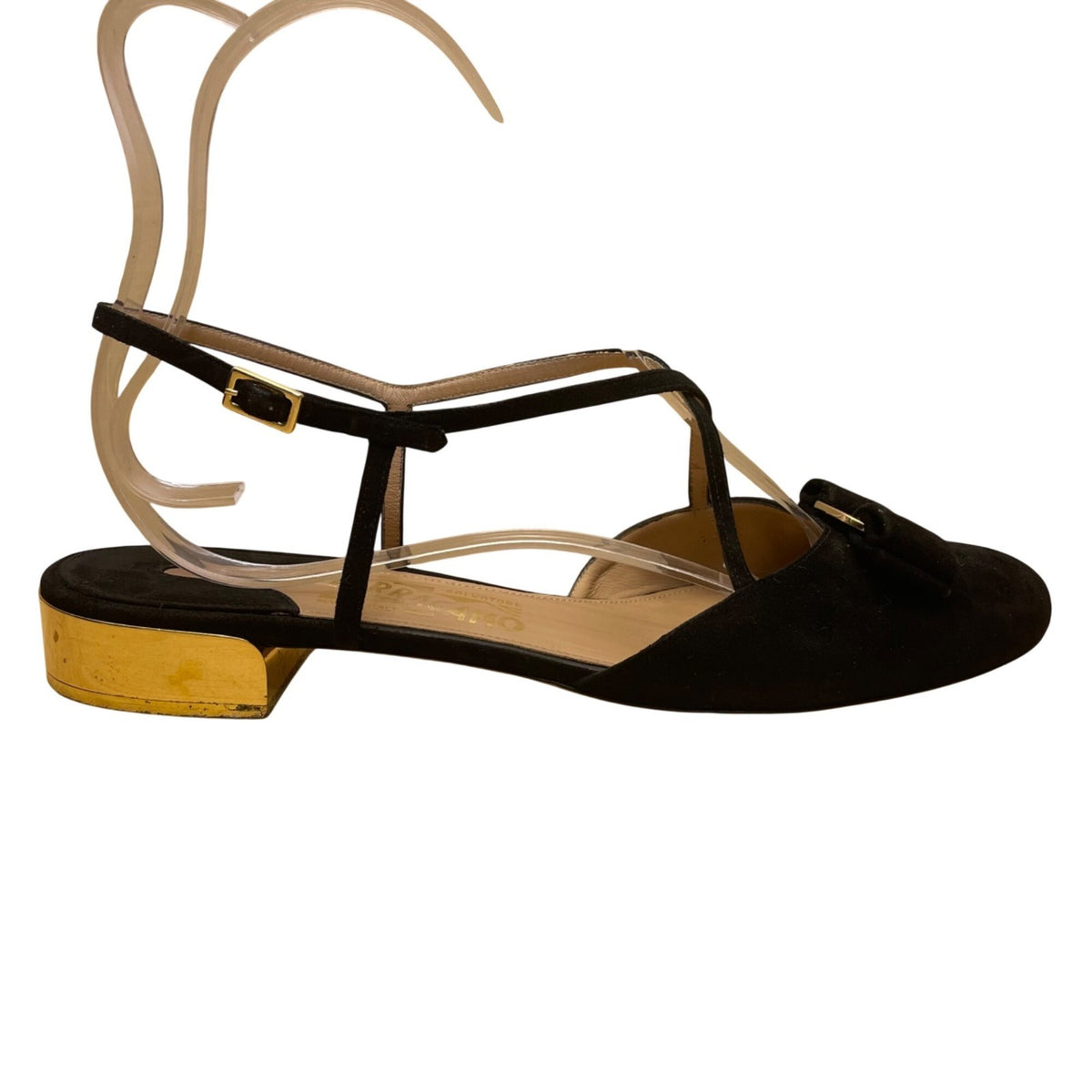 Salvatore Ferragamo Women’s Black Suede Bow Gold Accent Heel Sandals Size 10B