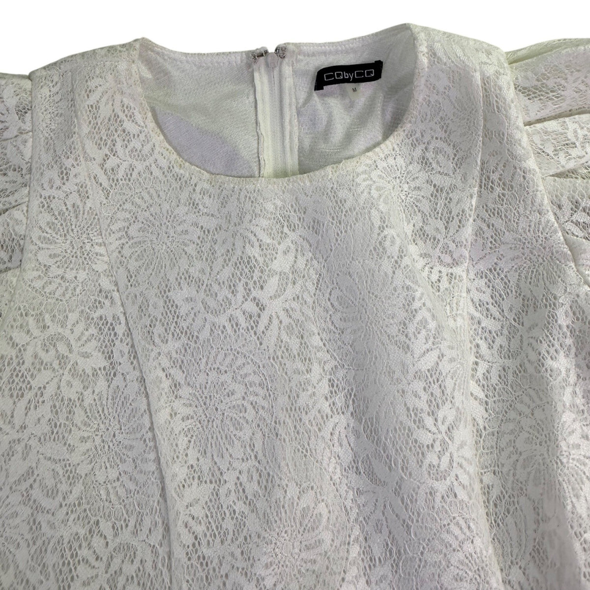 C By CQ Womens White Lace Puff-Sleeve Tiered Dress Floral Fully Lined Sz M