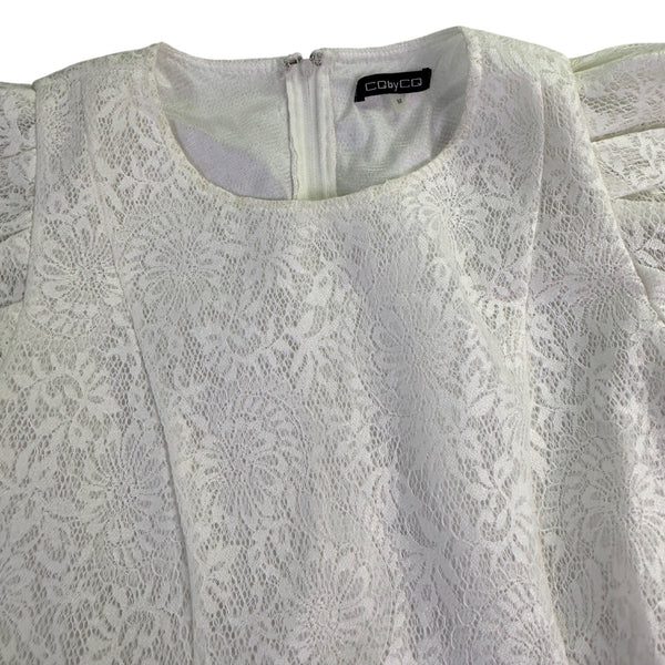 C By CQ Womens White Lace Puff-Sleeve Tiered Dress Floral Fully Lined Sz M