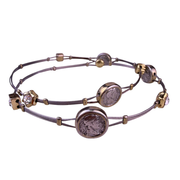Vintage Womens Mixed Metal Coin & Rhinestone Bangle Bracelets Set Of 2 