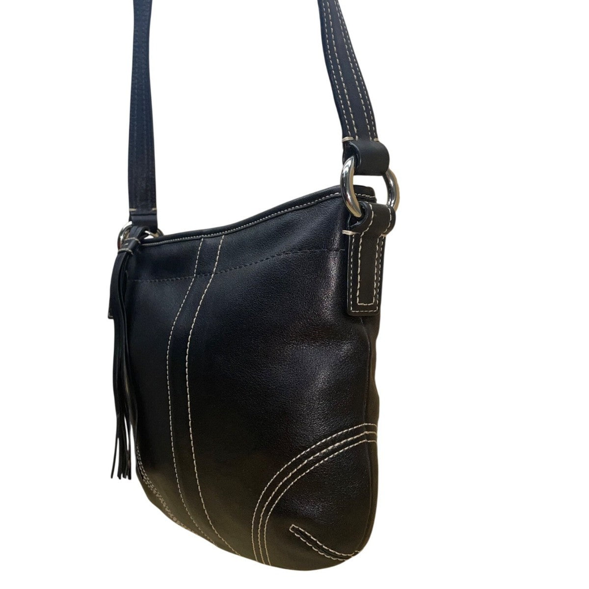 Coach Women’s Black Leather With Tassel Accent & Stitch Detailing Crossbody Bag