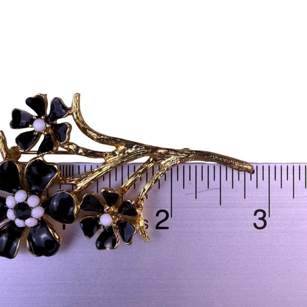 Catherine Stein Women Gold Tone Black Enamel Flower Bouquet Pin Brooch In Box