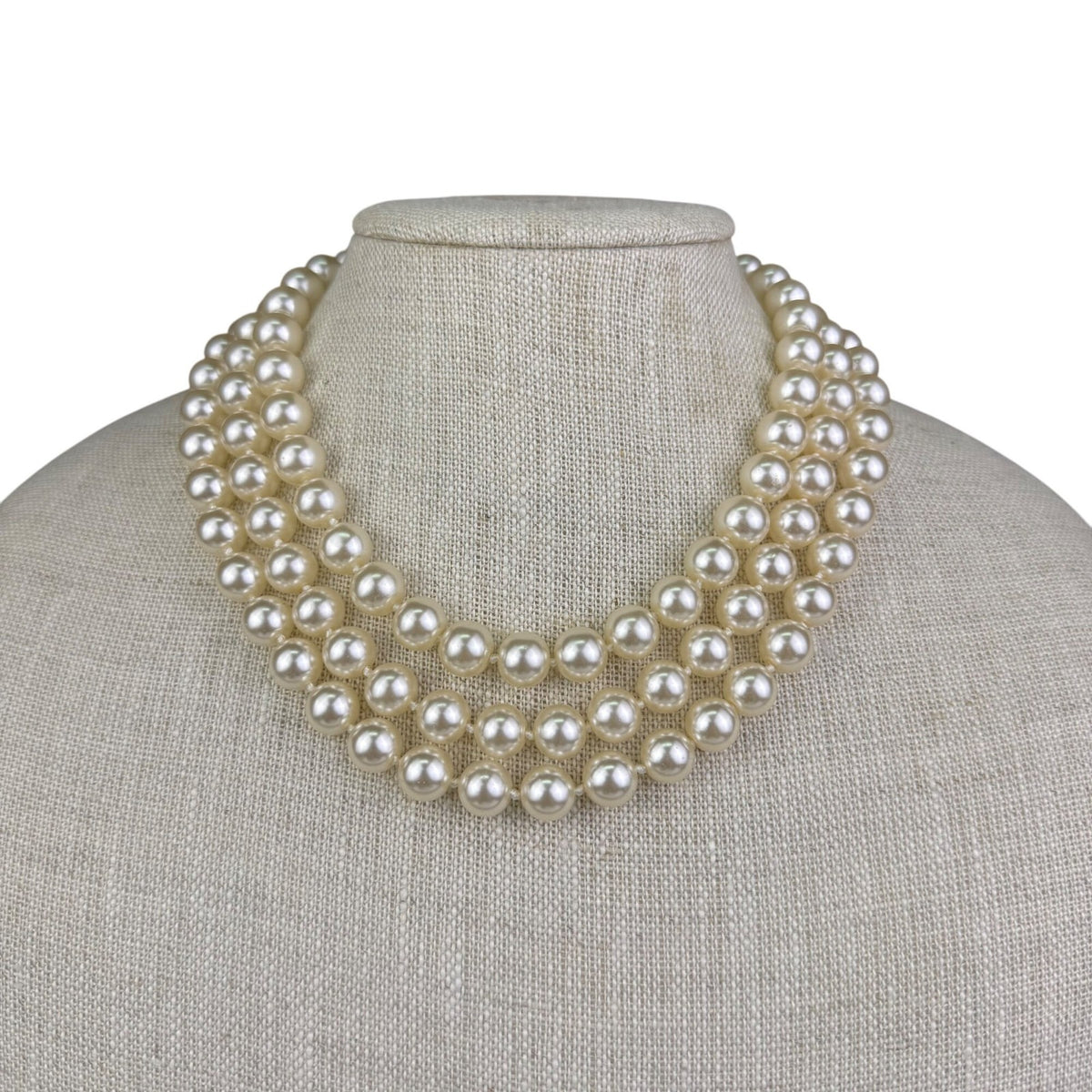 Vintage Womens Gold Tone Faux Pearl Necklace 3-Strand Choker Elegant Jewelry
