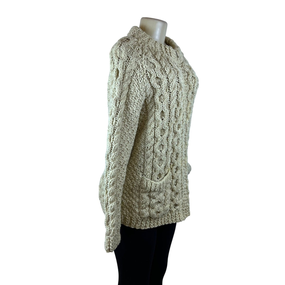 Vintage Andion Women's Cream Wool Knit Sweater Cardigan Open Front Pockets