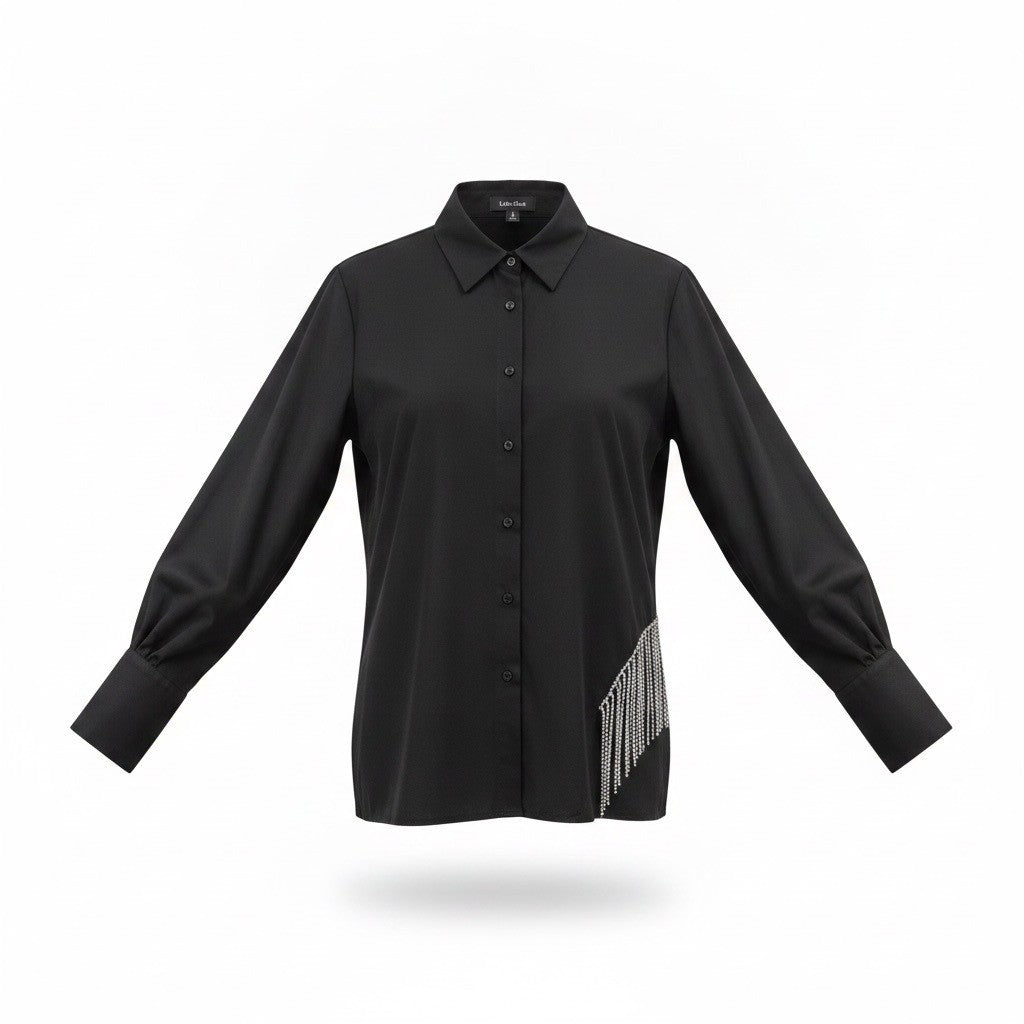Lea & Viola Womens Black Cotton Button-Up Shirt With Rhinestone Fringe Size M