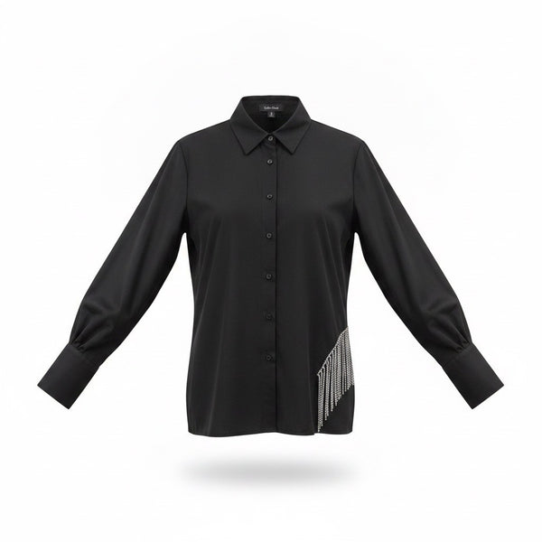 Lea & Viola Womens Black Cotton Button-Up Shirt With Rhinestone Fringe Size M