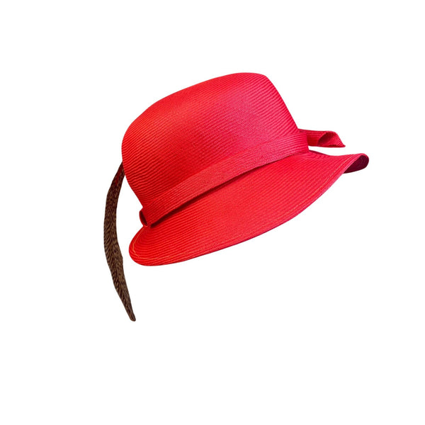 Adolfo II Womens Red Straw Feather-Accent Hat