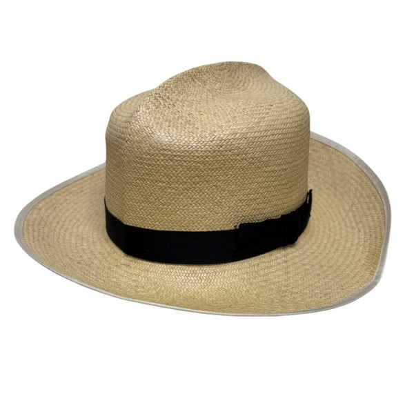 Vintage Genuine Panama Handwoven Straw Wide Brim Hat Black Ribbon Size 6 7/8