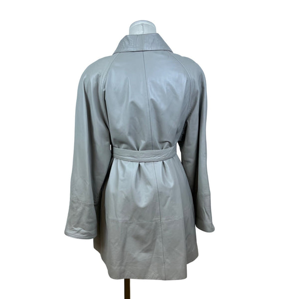 David 2 Women's Gray Genuine Leather Belted Jacket Wide Collar Coat Sz 40