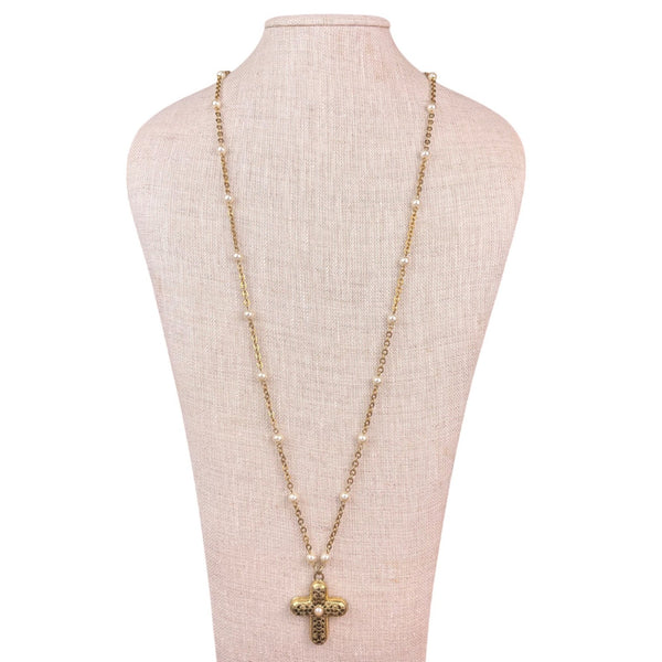 1928 Womens Gold Tone Faux Pearl Cross Pendant Necklace Vintage Jewelry
