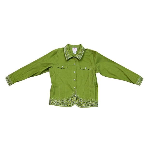 Quacker Factory Womens Green Embellished Button-Up Jacket Size XL