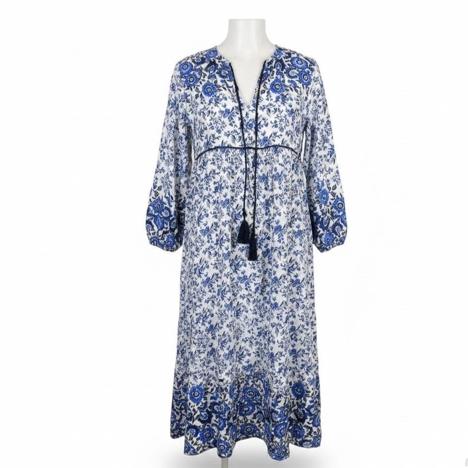 R. Vivimos Womens Blue/White Boho Floral Maxi Dress W/ Long Sleeves Size M