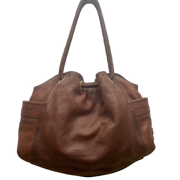Cole Haan Women’s Brown Leather Drawstring Braided Handles Slouchy Shoulder Bag