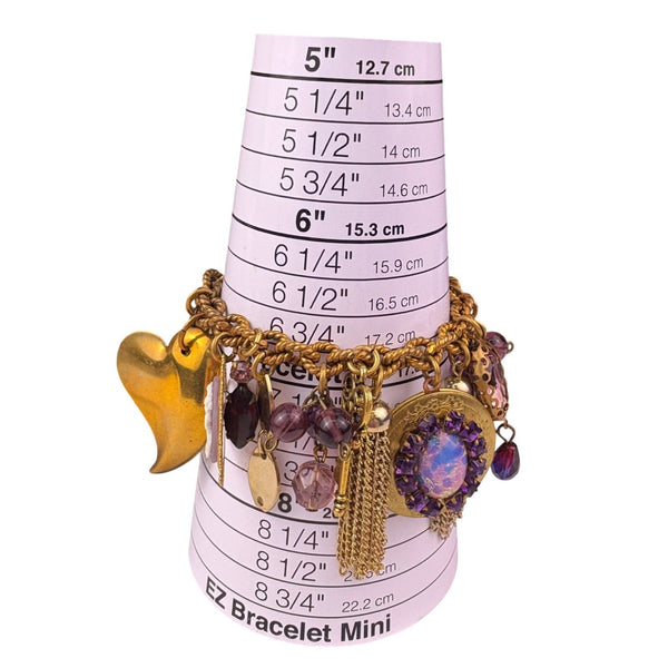 Vintage Womens Gold Tone Copper Charm Bracelet With Purple Cameo & Locket