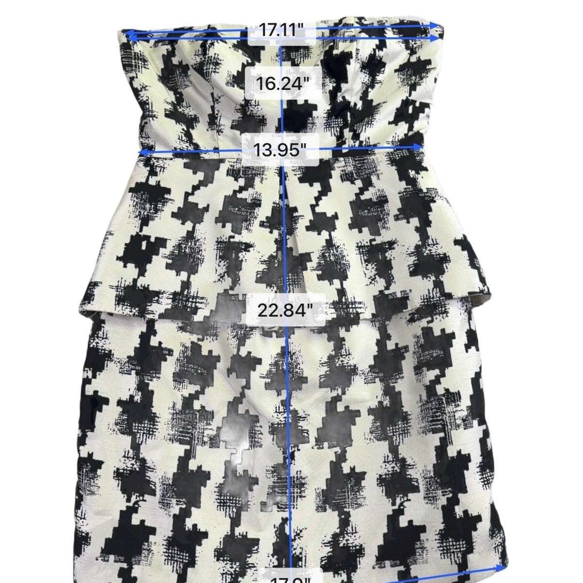 Eliza Miche Womens Black & White Strapless Peplum Dress Houndstooth Printed Sz M