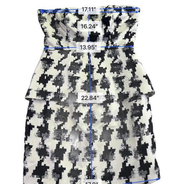 Eliza Miche Womens Black & White Strapless Peplum Dress Houndstooth Printed Sz M