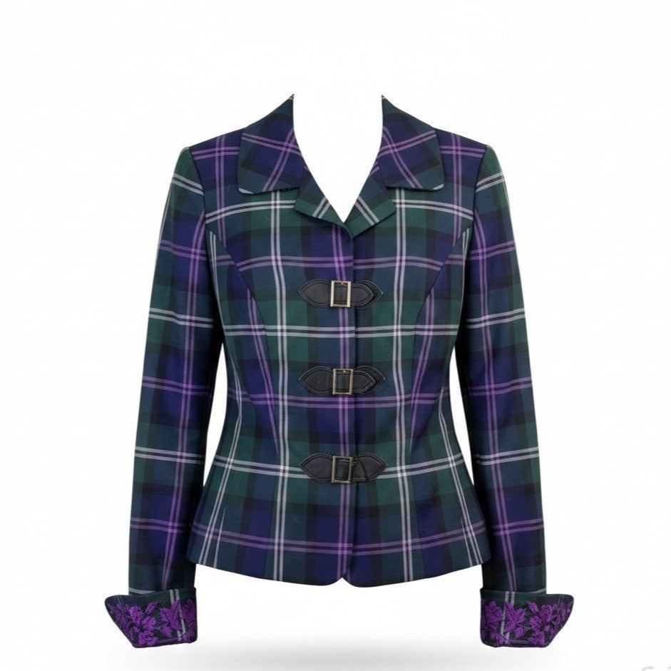 Escada Womens Green & Purple Plaid Wool Blazer Jacket With Buckle Closures Size