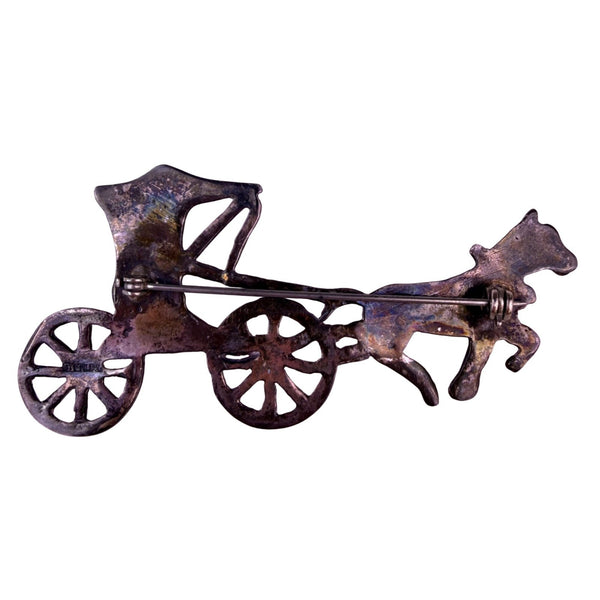 Vintage Sterling  Silver Tone Horse & Carriage Brooch Pin Jewelry