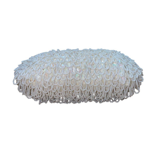 Vintage ADG Women’s White Fringe Beaded Satin Metallic Strap Clutch Bag