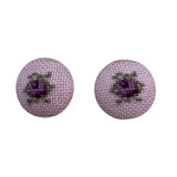 Vintage Needlepoint Floral Pendant & Clipon Earrings Set Gold Tone Necklace