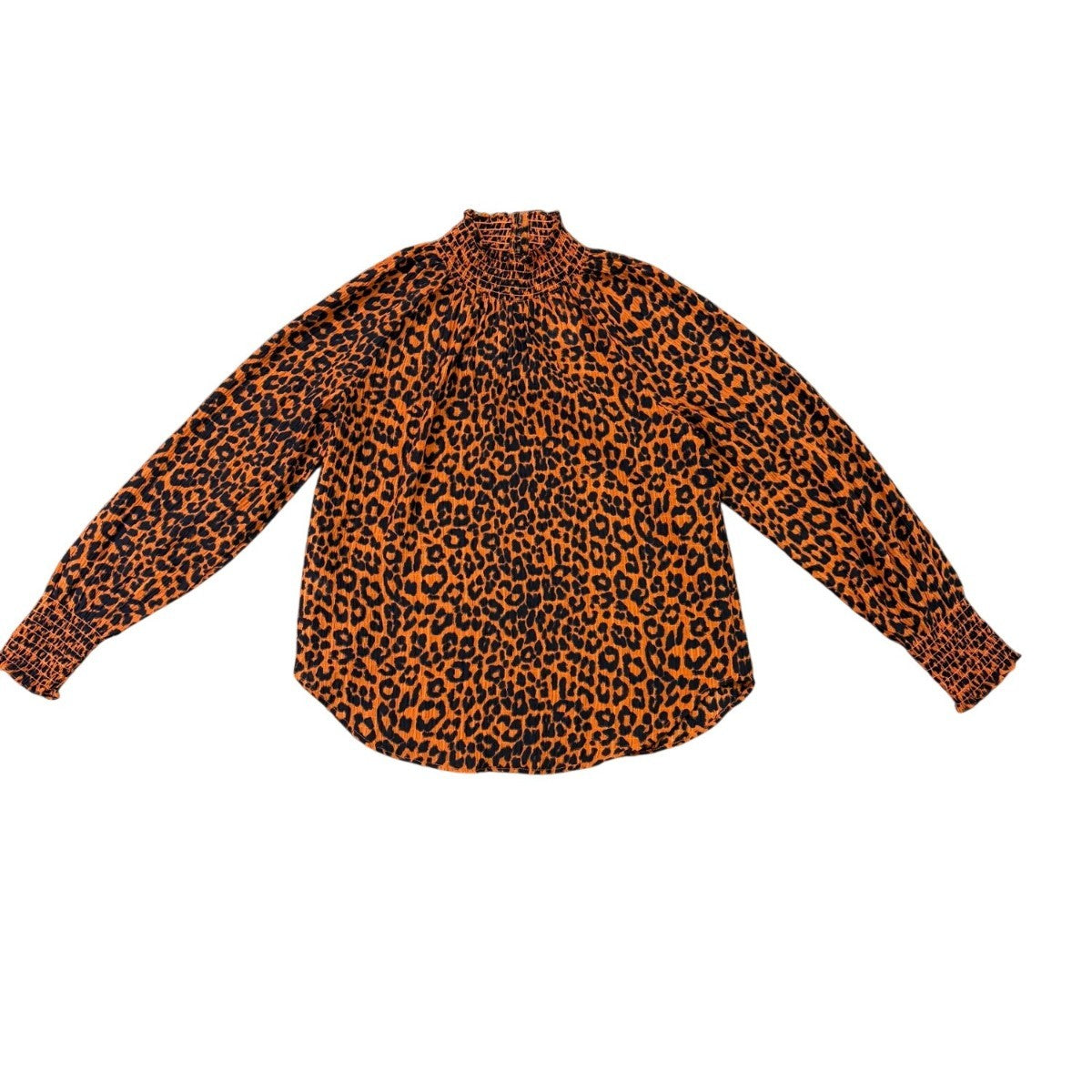 Loft Womens Black/Orange Leopard Print Smocked Long Sleeve Blouse Sz XS