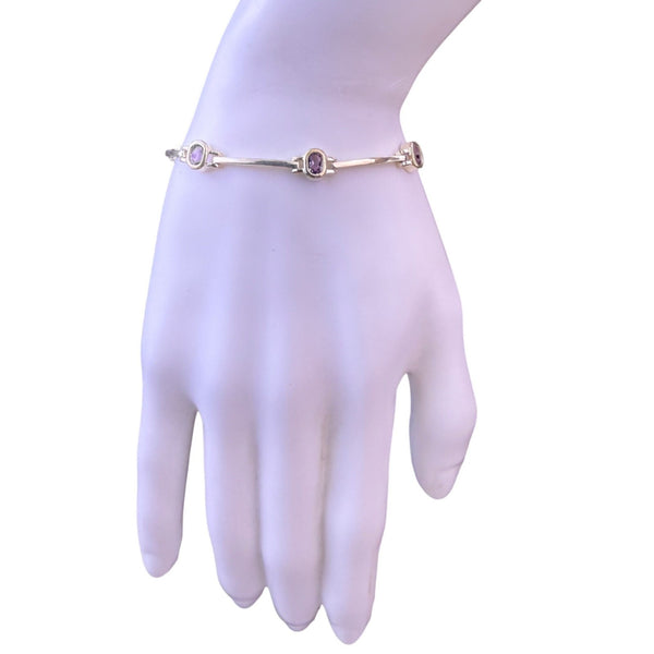 Sterling Silver 925 Womens Purple Oval Gemstone Link Bracelet 925 Fine Jewelry
