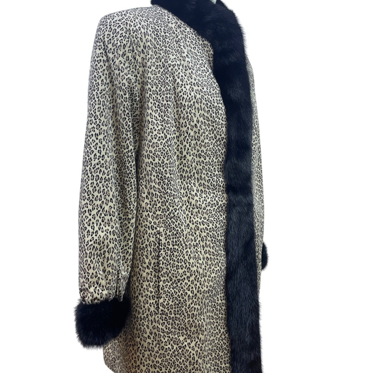 Silverman Furs Womens Black Mink Trim Leopard Print Coat Elegant Outerwear