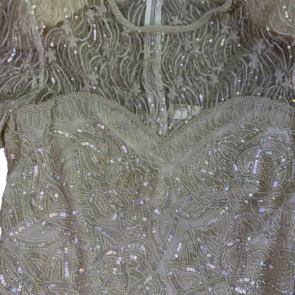 Sweelo Womens Ivory Silk Beaded Short Sleeve Dress Elegant Sequins Layered Sz XL