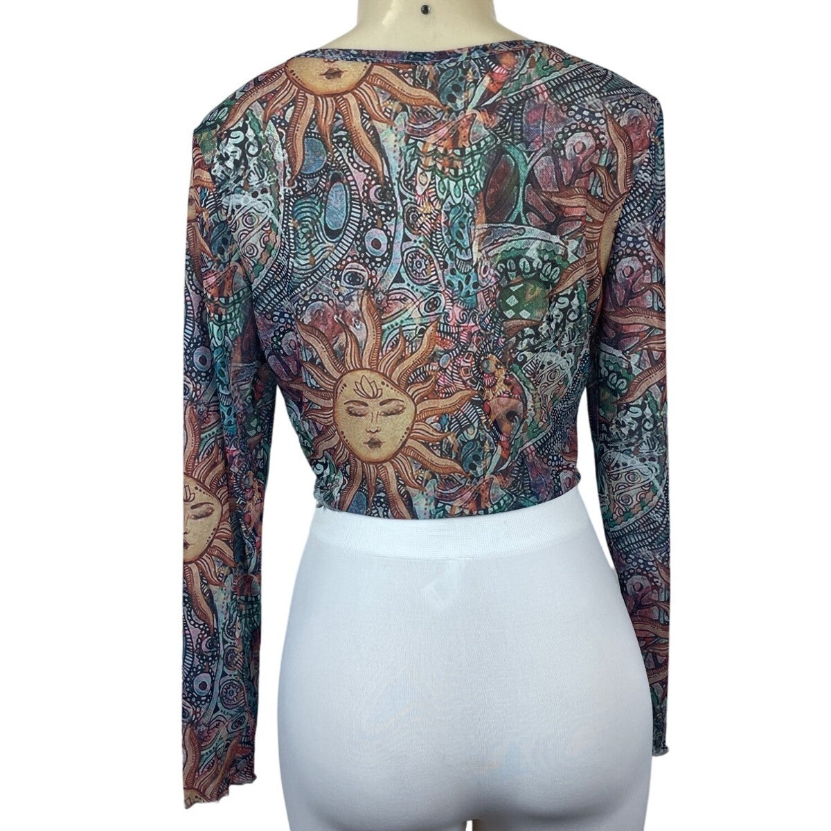 Women's Multicolored Sheer Round Neck Sun Moon Print Blouse Sz L