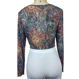 Women's Multicolored Sheer Round Neck Sun Moon Print Blouse Sz L