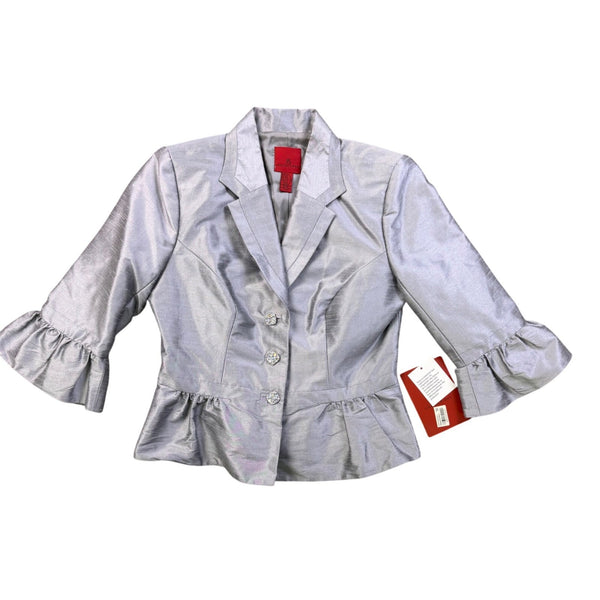 JS Collections Womens Silver Ruffled Peplum Blazer Jacket Size 8