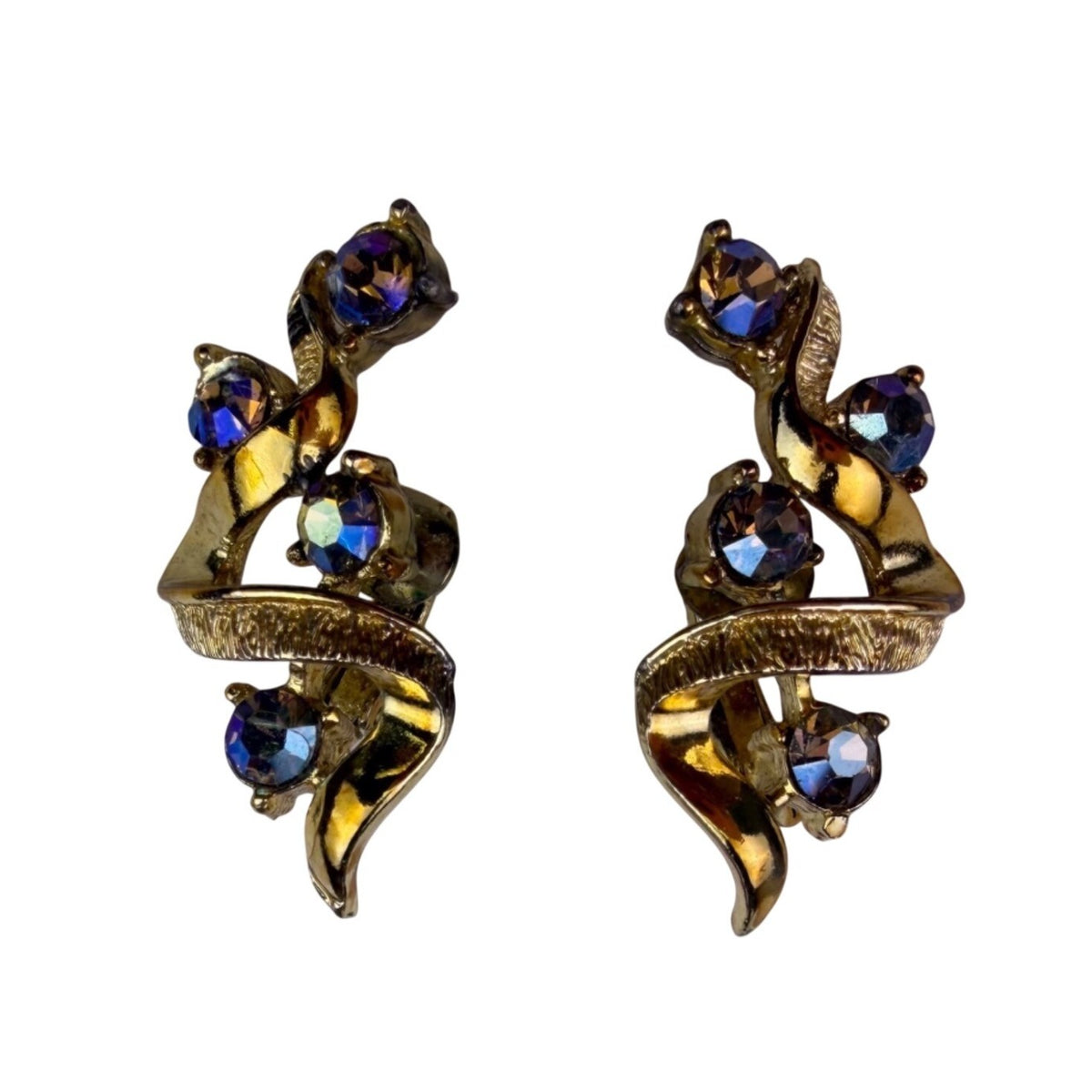 Vintage Aurora Borealis Clip-On Earrings Gold Tone Purple Crystals Swirl Design