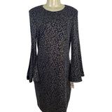 MSK Womens Metallic Knit Bell Sleeve Dress Black/Gold Keyhole Back Sz L - New